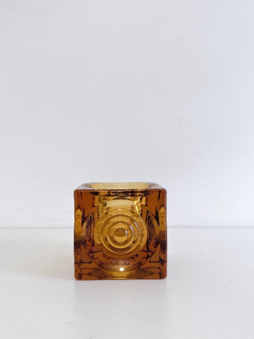 VIKING AMBER GLASS BULLSEYE GLIMMER CUBE CANDLE HOLDER PAPERWEIGHT VINTAGE MCM